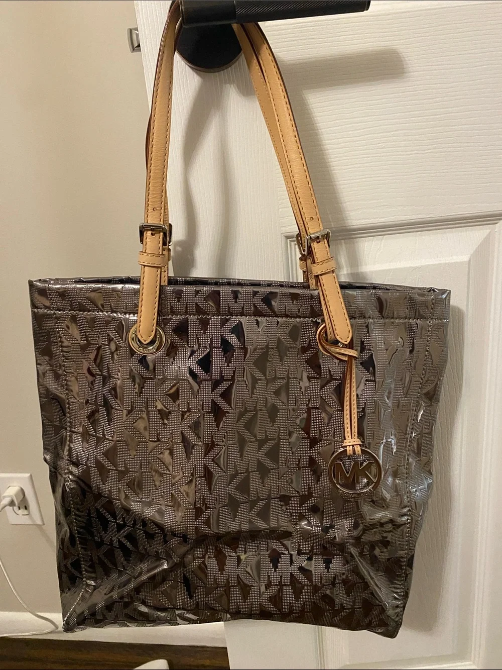 Michael Kors Shiny Brown MK Logo Tote with Tan Leather Handles